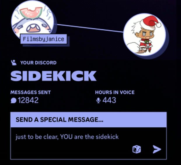 Discord recap card showing Filmsbyjanice as top sidekick: 12,842 messages sent and 443 hours in voice