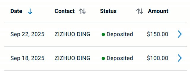 Payment history showing two deposits from Zizhuo Ding: $150.00 on Sep 22, 2025 and $100.00 on Sep 18, 2025